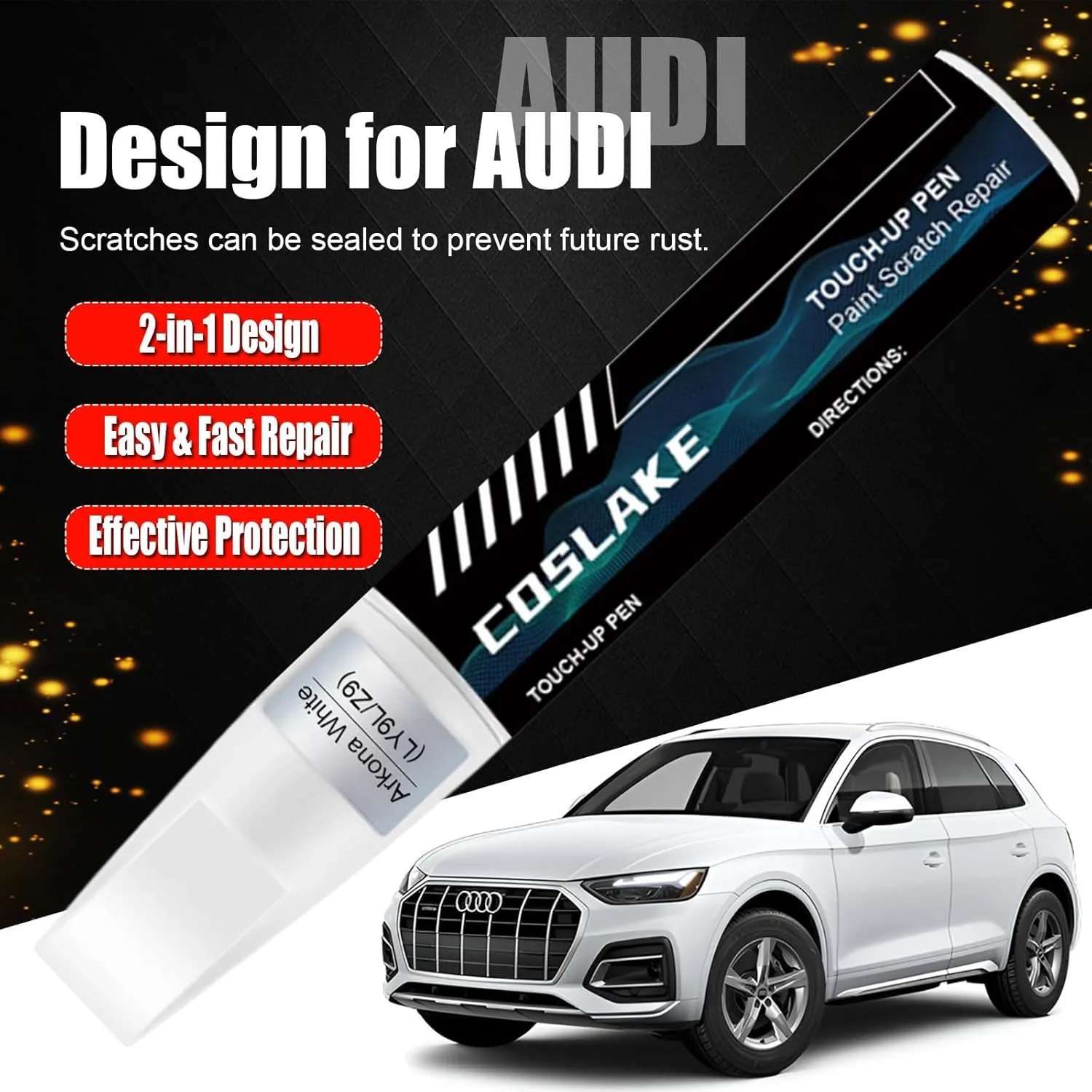 Car Touch Up Paint(Glacier White Metallic(LS9R/2Y)) for Audi, Car Paint Scratch Repair Kit, Quick & Easy Solution to Repair, 2 in 1 Scratch Remover Pen with Color-Matched