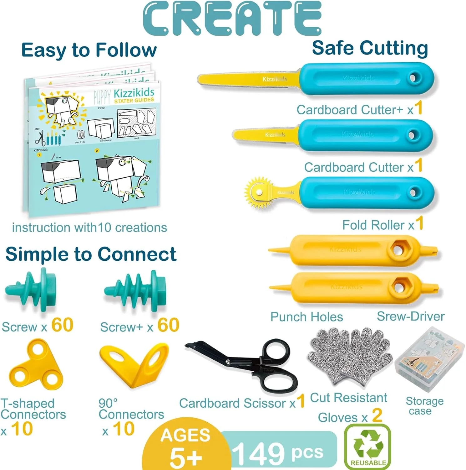 Cardboard Cutting Tools for Kids with Tool Box, 149 PCS Cardboard Construction Kit for Family & Team Activities, Creative STEM Educational Toys Gift for Boys and Girls Aged 5 