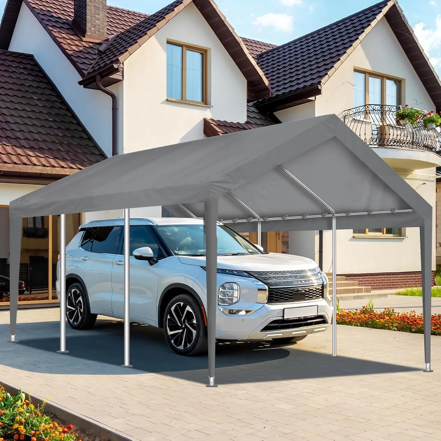 Carport Canopy 10'x20' Replacement Cover, Waterproof & UV Protected Garage Top Tarp Shelter Cover with Ball Bungee Cords, Car Cover Tent (Frame is not Included)