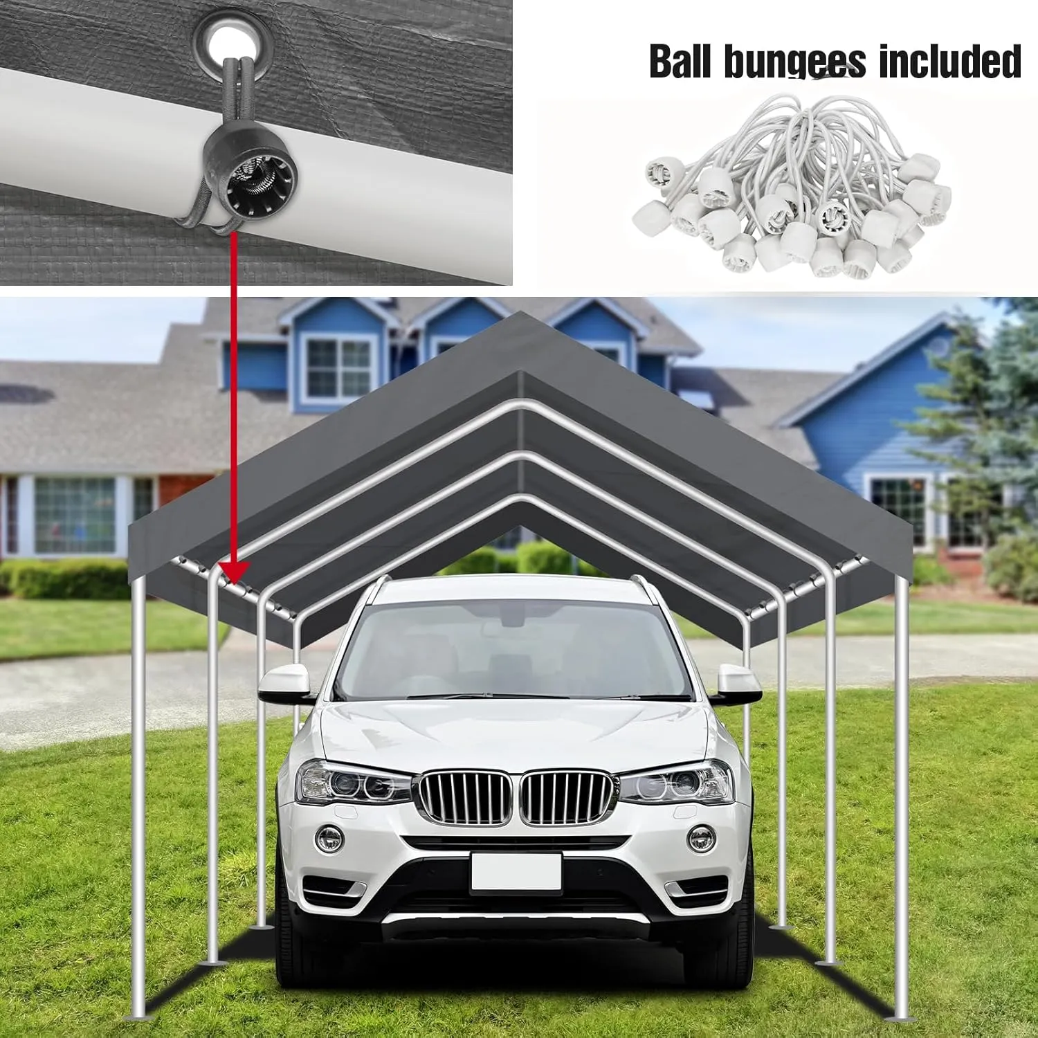 Carport Canopy 10'x20' Replacement Cover, Waterproof & UV Protected Garage Top Tarp Shelter Cover with Ball Bungee Cords, Car Cover Tent (Frame is not Included)