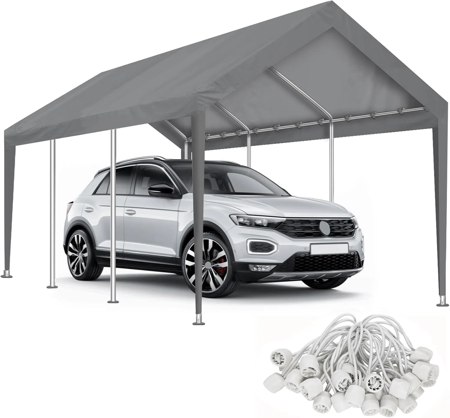 Carport Canopy 10'x20' Replacement Cover, Waterproof & UV Protected Garage Top Tarp Shelter Cover with Ball Bungee Cords, Car Cover Tent (Frame is not Included)