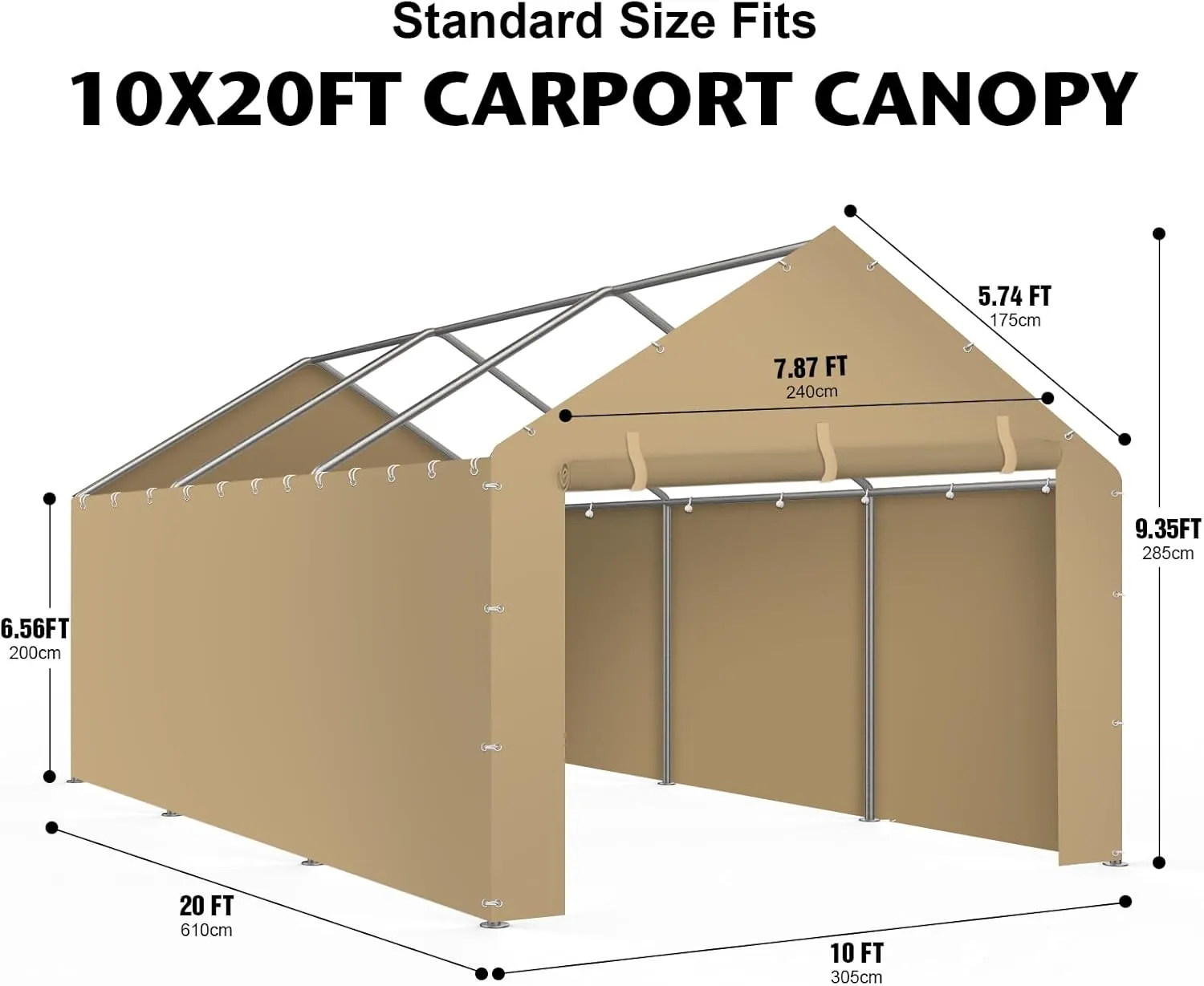 Carport Replacement Canopy Cover Sidewalls for 10x20x9.35FT Frame, Heavy Duty Garage Car Tent Shelter Tarp with Ball Bungees, Waterproof & UV Protected (Khaki, Frame is not Included)