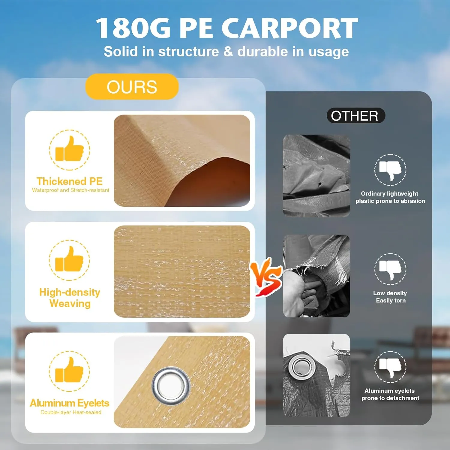 Carport Replacement Canopy Cover Sidewalls for 10x20x9.35FT Frame, Heavy Duty Garage Car Tent Shelter Tarp with Ball Bungees, Waterproof & UV Protected (Khaki, Frame is not Included)