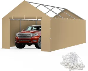 Carport Replacement Canopy Cover Sidewalls for 10x20x9.35FT Frame, Heavy Duty Garage Car Tent Shelter Tarp with Ball Bungees, Waterproof & UV Protected (Khaki, Frame is not Included)