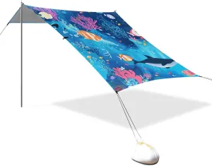Cartoon Cute Colorful Underwater World Fish Designed UPF50 Beach Cabana Tent Easy Setup Large Portable Sun Shelter with Sandbags, Sand Shovel, Poles for Camping, Picnics, Backyard paraguas de