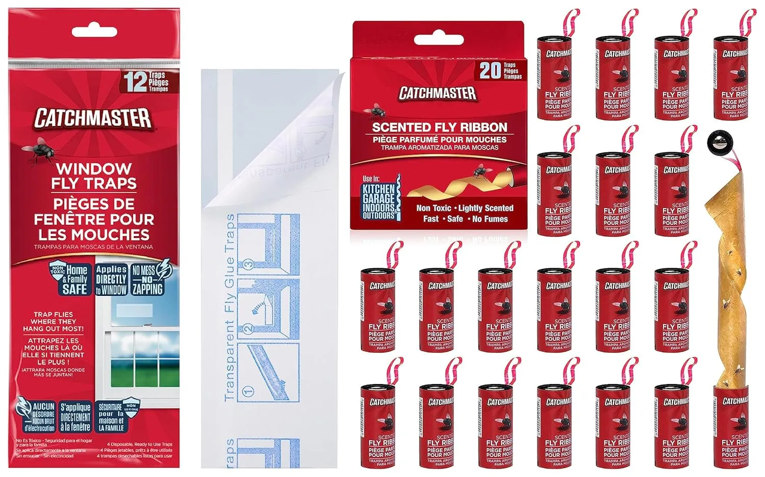 Catchmaster Fly Trap Bundle, Window Fly Traps 12-Pack & Fly Ribbon 20-Pack, Bug & Fly Traps for Indoors and Outdoors, for Garage, Backyard, Pool, & Patio
