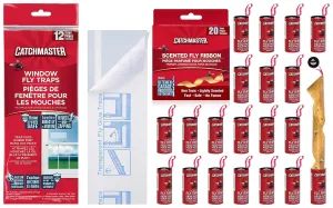 Catchmaster Fly Trap Bundle, Window Fly Traps 12-Pack & Fly Ribbon 20-Pack, Bug & Fly Traps for Indoors and Outdoors, for Garage, Backyard, Pool, & Patio