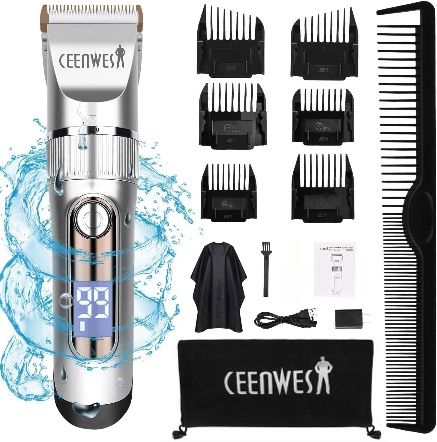 Ceenwes Professional Hair Clippers Cordless Hair Trimmer Low Noise Hair Cutting Kit Beard Trimmer IPX7 Waterproof Body Hair Removal Machine with LED Display Hairdressing Cape and Travel Bag