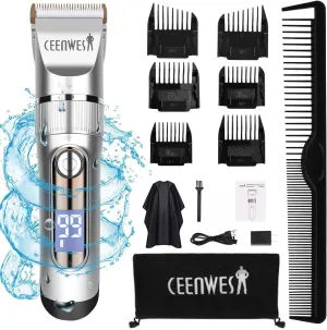 Ceenwes Professional Hair Clippers Cordless Hair Trimmer Low Noise Hair Cutting Kit Beard Trimmer IPX7 Waterproof Body Hair Removal Machine with LED Display Hairdressing Cape and Travel Bag