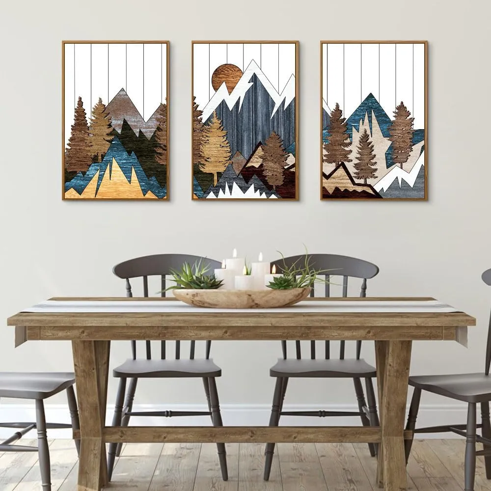 CHDITB Mountain Framed Canvas Wall Art Set of 3, 24"x36" Country Woodcut Style Wall Decor, Forest Nature Wilderness Wall Painting, Large Modern Art Prints for Living Room, Bedroom, Farmhouse, Office