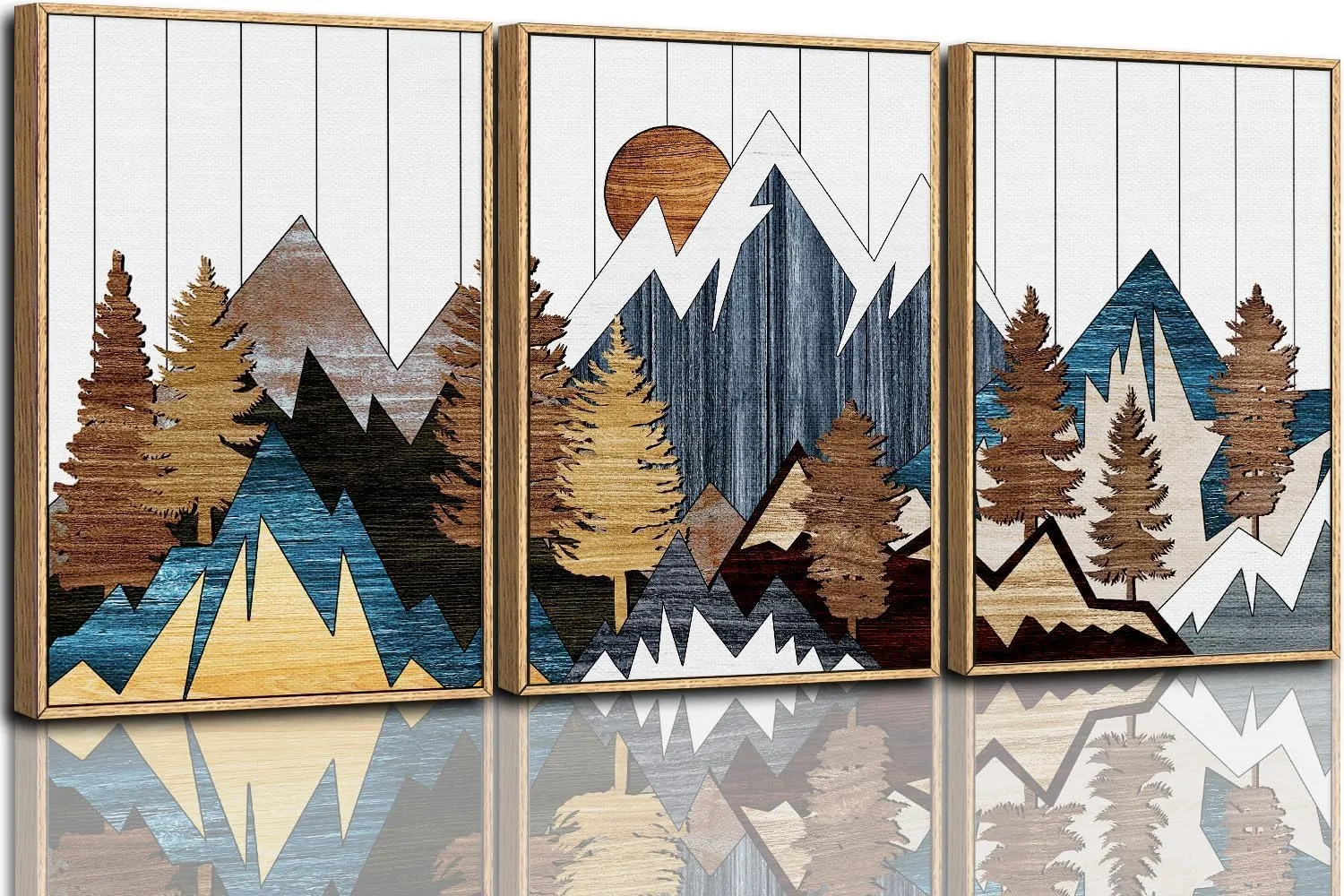 CHDITB Mountain Framed Canvas Wall Art Set of 3, 24"x36" Country Woodcut Style Wall Decor, Forest Nature Wilderness Wall Painting, Large Modern Art Prints for Living Room, Bedroom, Farmhouse, Office