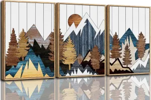 CHDITB Mountain Framed Canvas Wall Art Set of 3, 24"x36" Country Woodcut Style Wall Decor, Forest Nature Wilderness Wall Painting, Large Modern Art Prints for Living Room, Bedroom, Farmhouse, Office