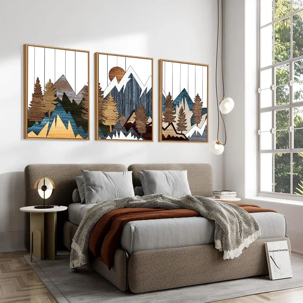 CHDITB Mountain Framed Canvas Wall Art Set of 3, 24"x36" Country Woodcut Style Wall Decor, Forest Nature Wilderness Wall Painting, Large Modern Art Prints for Living Room, Bedroom, Farmhouse, Office