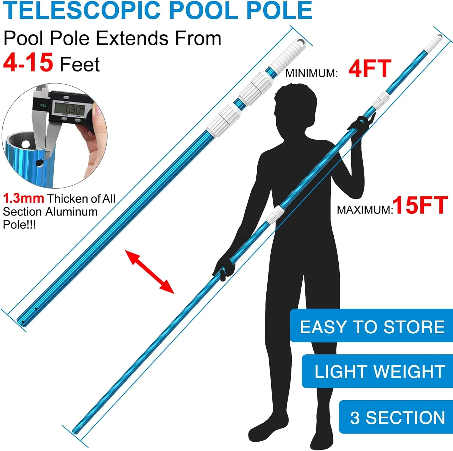 CKE Upgraded 15 Feet Thicken 1.3mm Blue Aluminum Telescoping Swimming Pool Pole,Adjustable 3 Piece Expandable Step-Up,Attach Connect Skimmer Nets,Rakes,Brushes,Vacuum Heads with Hoses, Universal 1.25"