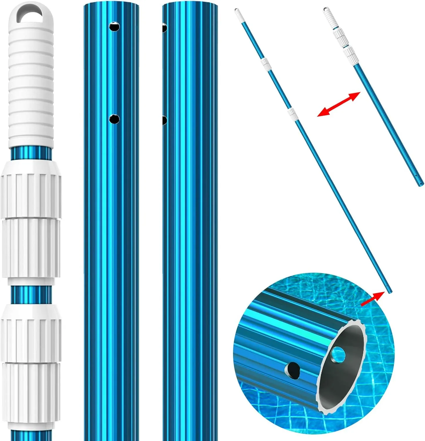 CKE Upgraded 15 Feet Thicken 1.3mm Blue Aluminum Telescoping Swimming Pool Pole,Adjustable 3 Piece Expandable Step-Up,Attach Connect Skimmer Nets,Rakes,Brushes,Vacuum Heads with Hoses, Universal 1.25"