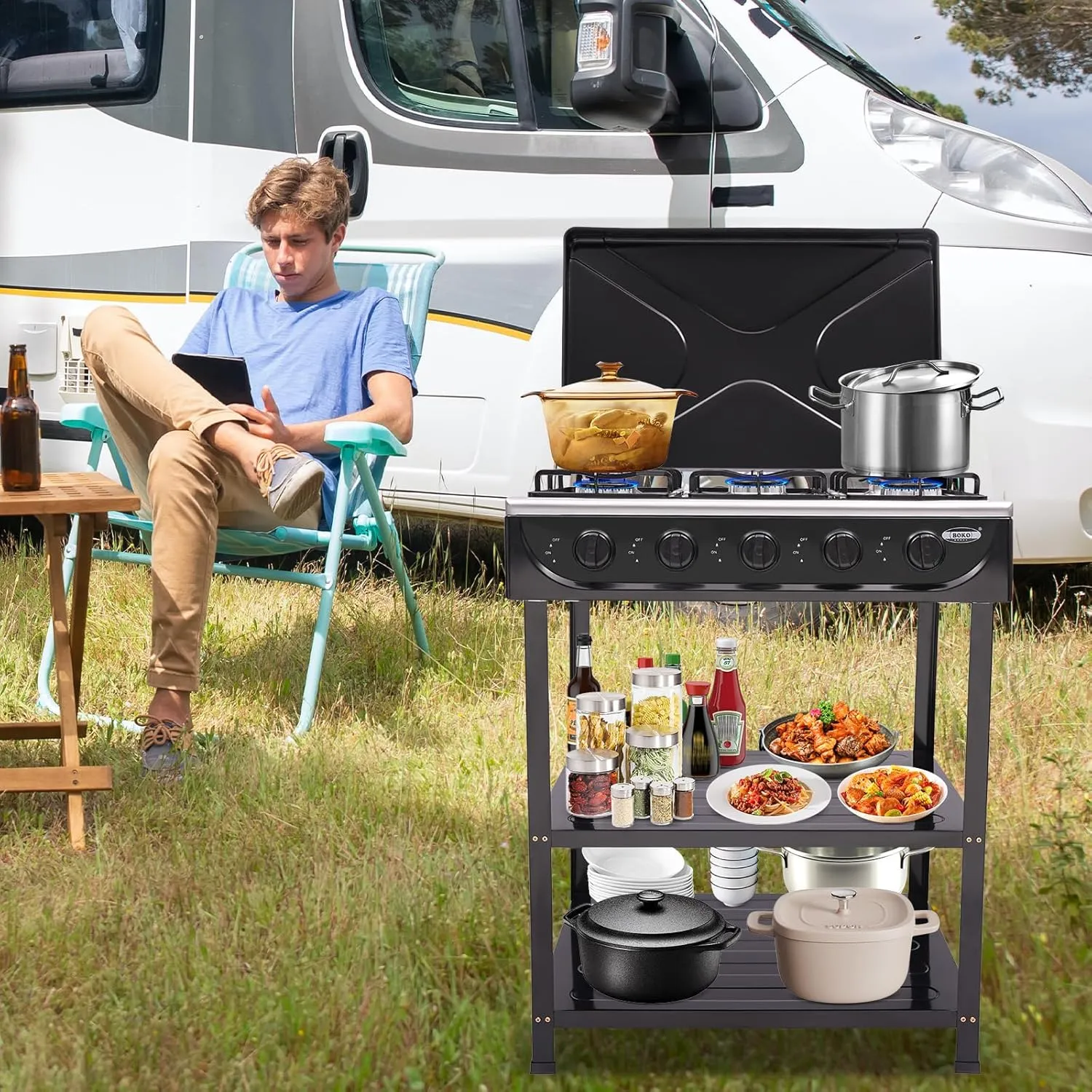 CNCEST Gas Stove Portable LNG Stove 5 Burner,with Support Leg Stand and Wind Blocking Cover Adapter Manual Ignition Camping Stove for Home Outdoor Cooking (Black, 5 Burner)