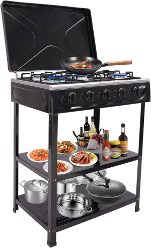 CNCEST Gas Stove Portable LNG Stove 5 Burner,with Support Leg Stand and Wind Blocking Cover Adapter Manual Ignition Camping Stove for Home Outdoor Cooking (Black, 5 Burner)