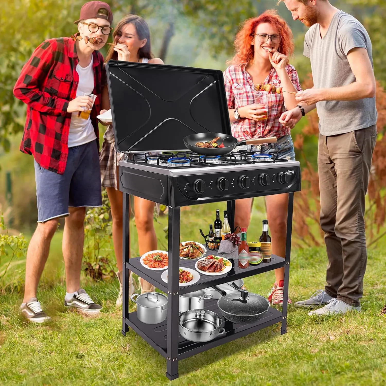 CNCEST Gas Stove Portable LNG Stove 5 Burner,with Support Leg Stand and Wind Blocking Cover Adapter Manual Ignition Camping Stove for Home Outdoor Cooking (Black, 5 Burner)