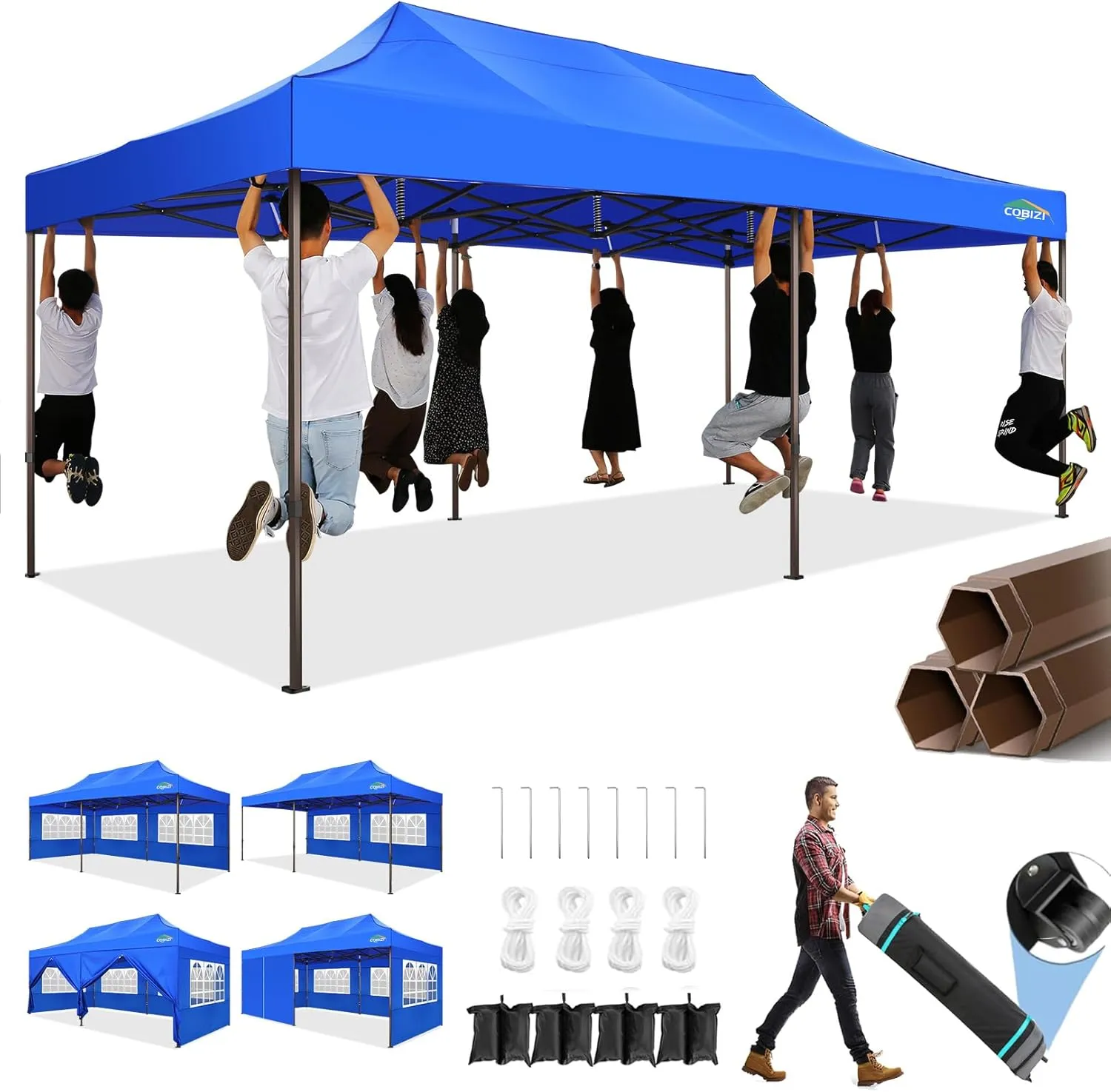 COBIZI 10x20 Pop Up Canopy Tent Heavy Duty with 6 Removable Sidewalls, Commercial Heavy Duty Pop Up Tent for Parties All Weather Waterproof and UV 50  Wedding Tent with Roller Bag(Legs Upgraded)