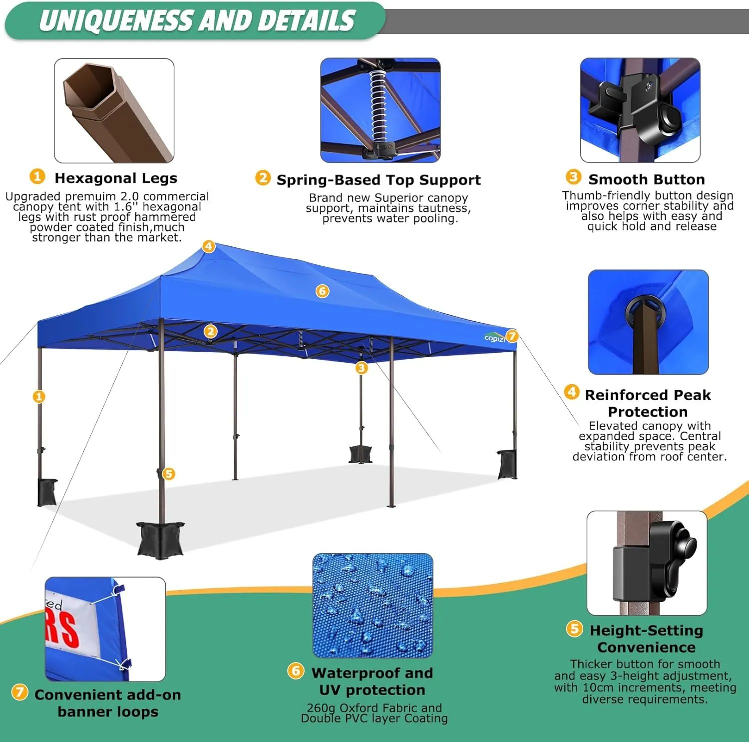 COBIZI 10x20 Pop Up Canopy Tent Heavy Duty with 6 Removable Sidewalls, Commercial Heavy Duty Pop Up Tent for Parties All Weather Waterproof and UV 50  Wedding Tent with Roller Bag(Legs Upgraded)
