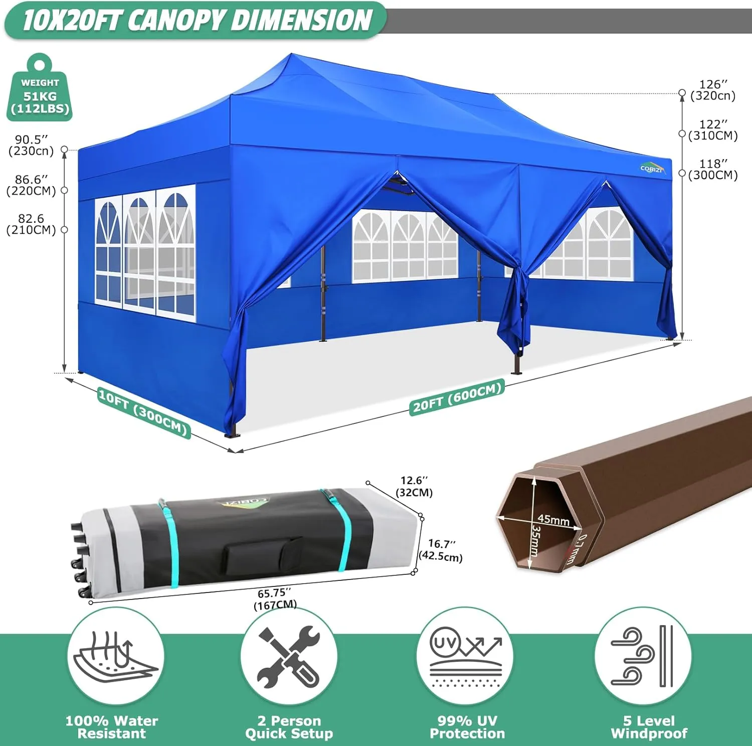 COBIZI 10x20 Pop Up Canopy Tent Heavy Duty with 6 Removable Sidewalls, Commercial Heavy Duty Pop Up Tent for Parties All Weather Waterproof and UV 50  Wedding Tent with Roller Bag(Legs Upgraded)