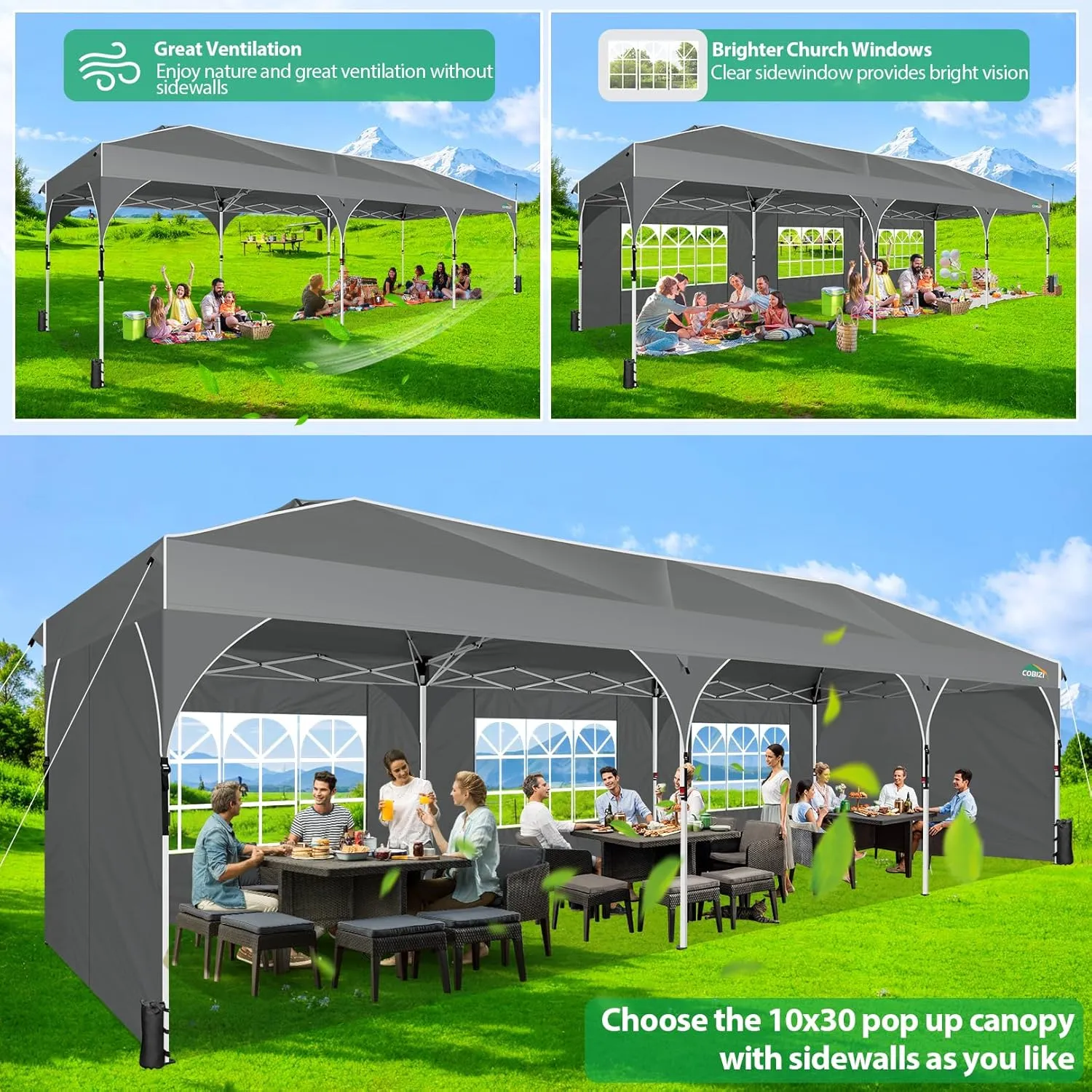 COBIZI 10x30 Pop Up Canopy Tent for Parties with 5 Sidewalls| Push Center Lock & Air Vent| Waterproof & UPF50  |Gazebo Outdoor Tent for Party,Wedding,BBQ with 4 Sandbags, 8 Stakes & 16 Ropes,Grey