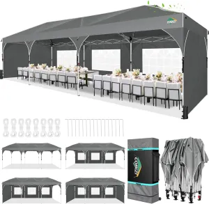 COBIZI 10x30 Pop Up Canopy Tent for Parties with 5 Sidewalls| Push Center Lock & Air Vent| Waterproof & UPF50  |Gazebo Outdoor Tent for Party,Wedding,BBQ with 4 Sandbags, 8 Stakes & 16 Ropes,Grey