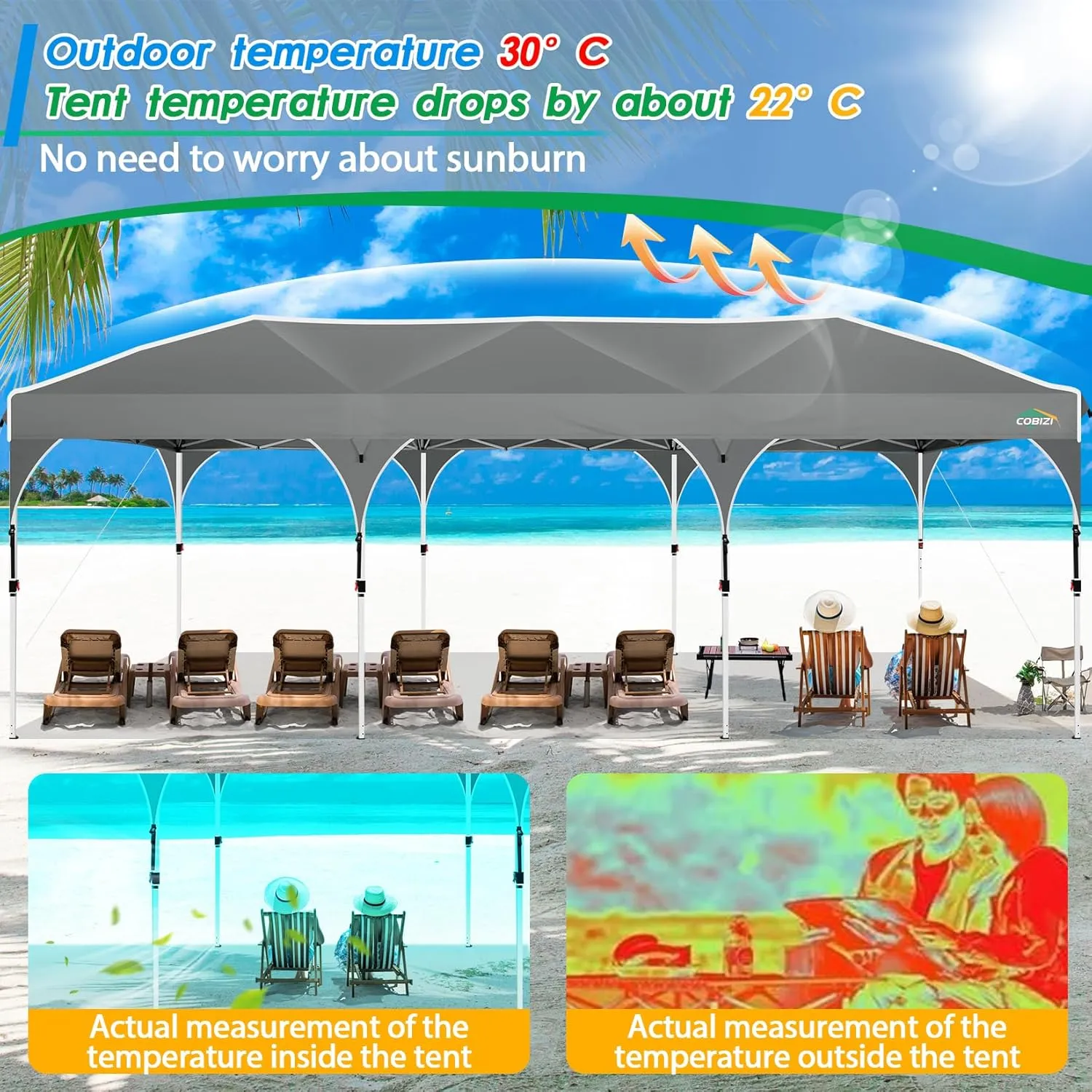 COBIZI 10x30 Pop Up Canopy Tent for Parties with 5 Sidewalls| Push Center Lock & Air Vent| Waterproof & UPF50  |Gazebo Outdoor Tent for Party,Wedding,BBQ with 4 Sandbags, 8 Stakes & 16 Ropes,Grey