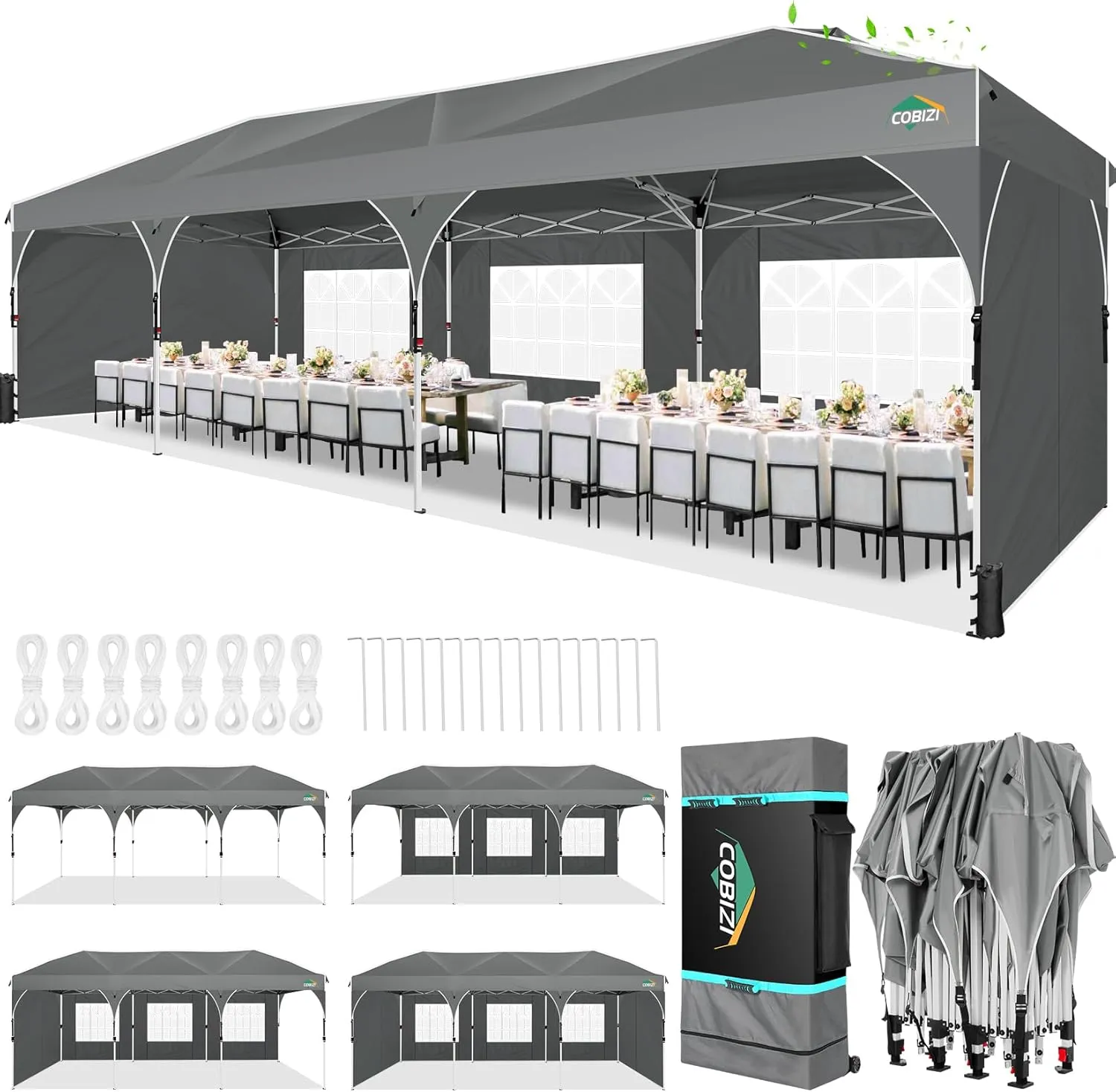 COBIZI 10x30 Pop Up Canopy Tent for Parties with 5 Sidewalls| Push Center Lock & Air Vent| Waterproof & UPF50  |Gazebo Outdoor Tent for Party,Wedding,BBQ with 4 Sandbags, 8 Stakes & 16 Ropes,Grey