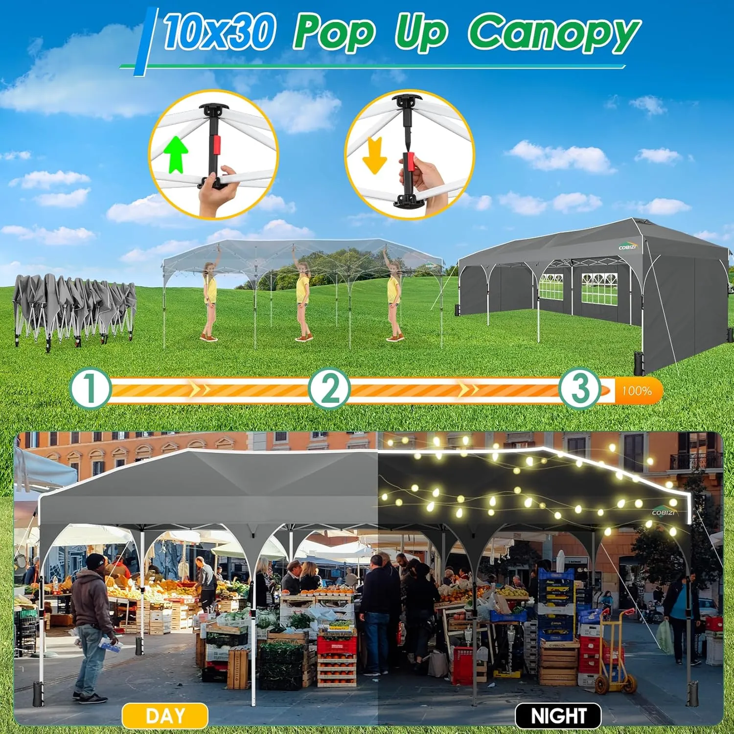 COBIZI 10x30 Pop Up Canopy Tent for Parties with 5 Sidewalls| Push Center Lock & Air Vent| Waterproof & UPF50  |Gazebo Outdoor Tent for Party,Wedding,BBQ with 4 Sandbags, 8 Stakes & 16 Ropes,Grey
