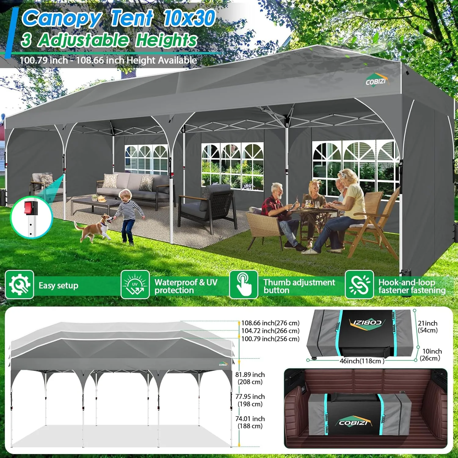 COBIZI 10x30 Pop Up Canopy Tent for Parties with 5 Sidewalls| Push Center Lock & Air Vent| Waterproof & UPF50  |Gazebo Outdoor Tent for Party,Wedding,BBQ with 4 Sandbags, 8 Stakes & 16 Ropes,Grey