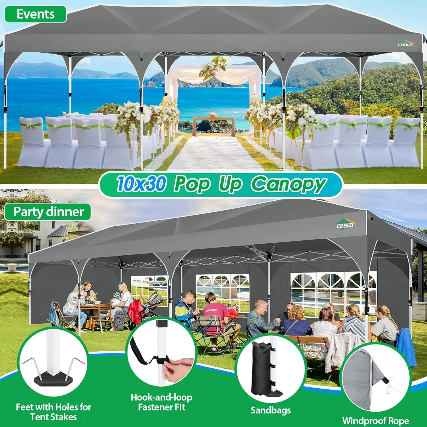 COBIZI 10x30 Pop Up Canopy Tent for Parties with 5 Sidewalls| Push Center Lock & Air Vent| Waterproof & UPF50  |Gazebo Outdoor Tent for Party,Wedding,BBQ with 4 Sandbags, 8 Stakes & 16 Ropes,Grey