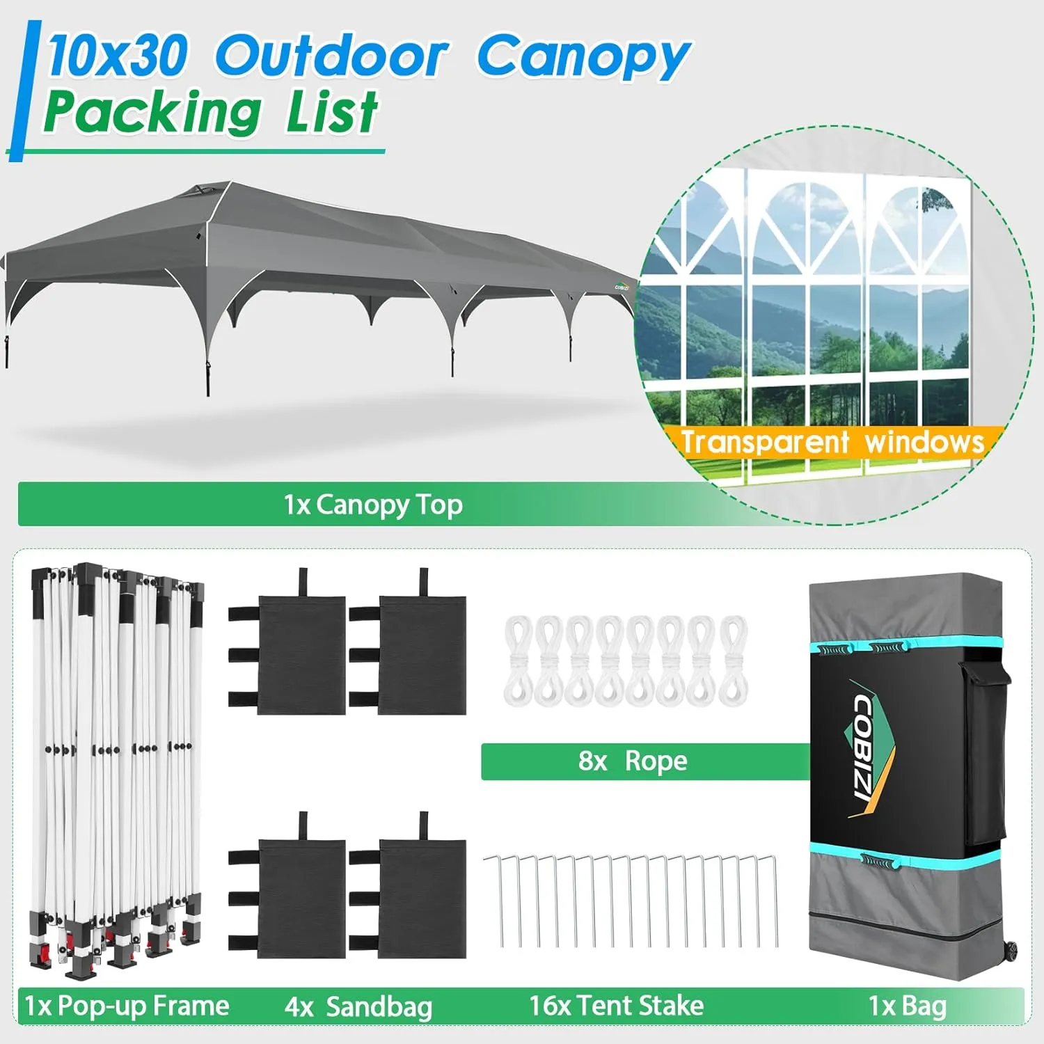 COBIZI 10x30 Pop Up Canopy Tent for Parties with 5 Sidewalls| Push Center Lock & Air Vent| Waterproof & UPF50  |Gazebo Outdoor Tent for Party,Wedding,BBQ with 4 Sandbags, 8 Stakes & 16 Ropes,Grey