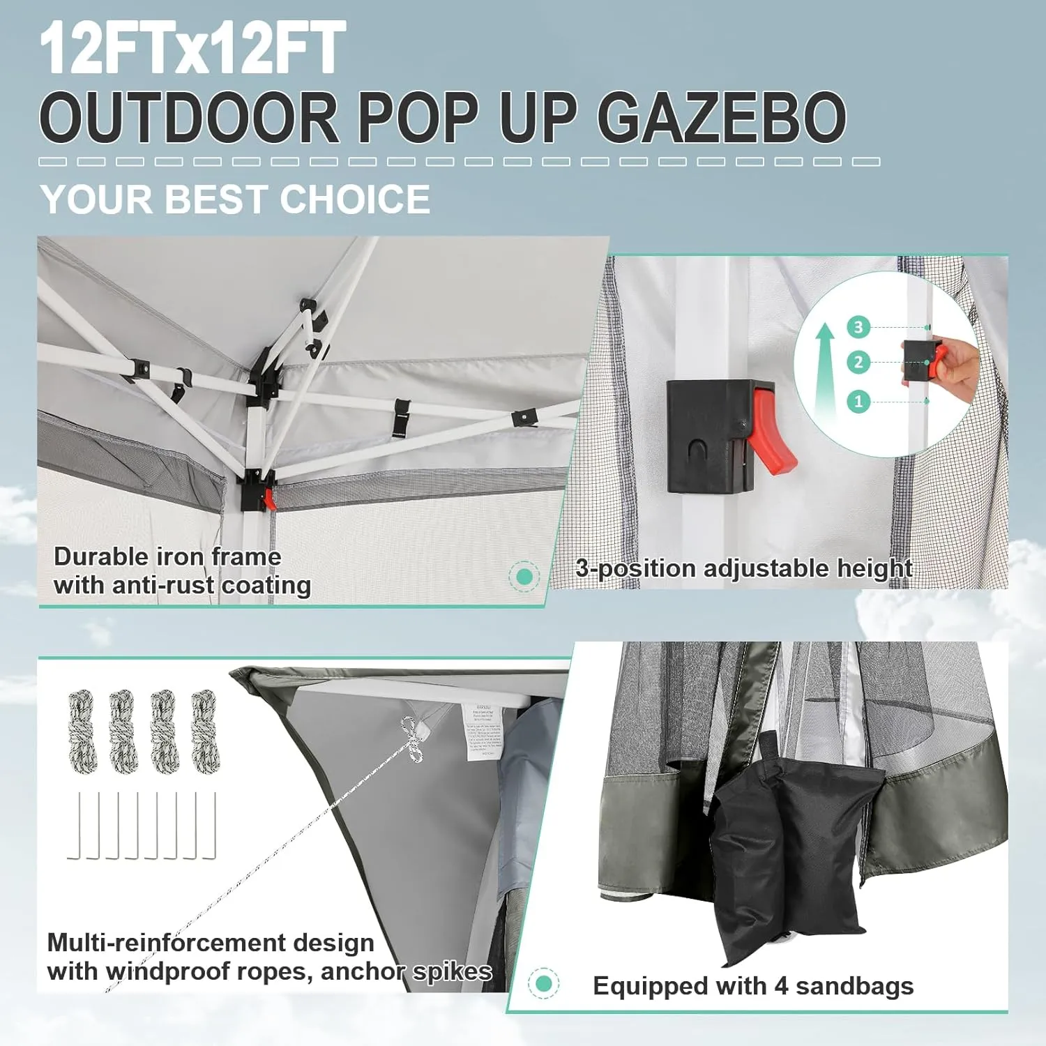 COBIZI 12x12 Pop up Gazebo on Clearance with Mosquito Netting & Sandbags, Outdoor Canopy Tent with 4 Ropes 8 Stakes & Portable Carrying Bag, Patio Portable Gazebo for Garden Backyard & Lawn,Darkgrey