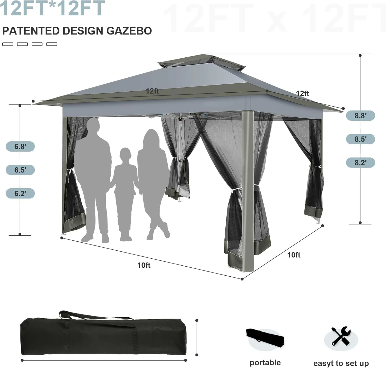 COBIZI 12x12 Pop up Gazebo on Clearance with Mosquito Netting & Sandbags, Outdoor Canopy Tent with 4 Ropes 8 Stakes & Portable Carrying Bag, Patio Portable Gazebo for Garden Backyard & Lawn,Darkgrey