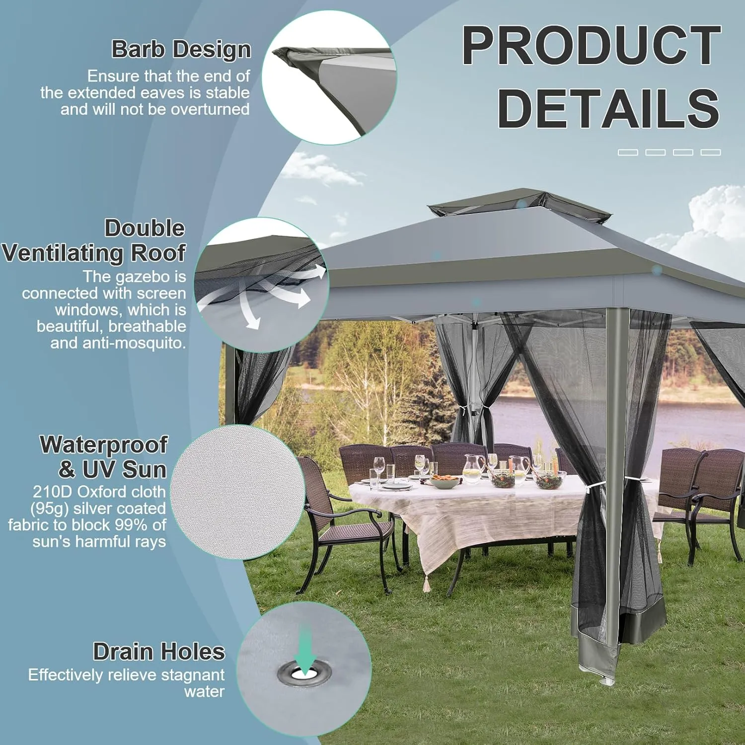COBIZI 12x12 Pop up Gazebo on Clearance with Mosquito Netting & Sandbags, Outdoor Canopy Tent with 4 Ropes 8 Stakes & Portable Carrying Bag, Patio Portable Gazebo for Garden Backyard & Lawn,Darkgrey