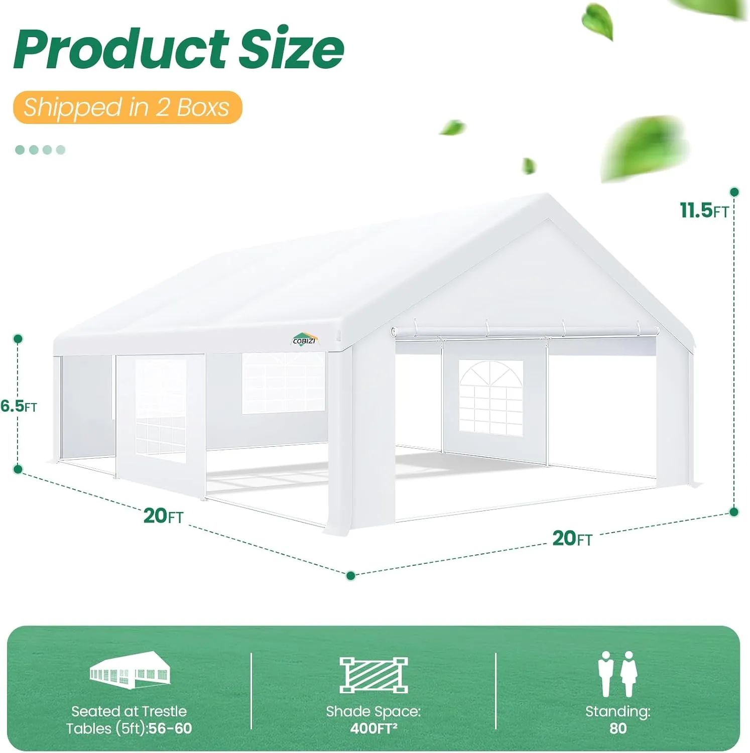 COBIZI 20x20 Party Tents Heavy Duty Tent, Tents for Parties with 6 Removable Sidewalls & 4 Built-in Sandbags, Wedding Tent for Party Outside UV50  Waterproof, White