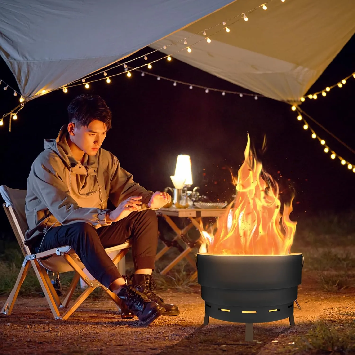 Collapsible Outdoor Fire Pit, Wood Burning Firepit, Bonfire with Grill Grate, Portable Outdoor Bonfire Pit with Fire Poker and Stands, for Camping, Patio, Yard, Garden, 17 Inch, Black