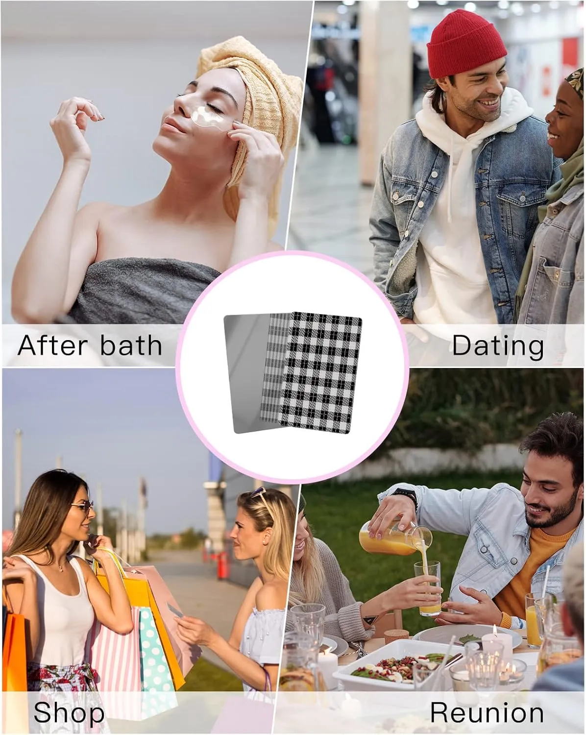 Compact Card Mirror, Unbreakable Stainless Steel Makeup Mirror Black and White Lattice Buffalo Check Rectangular Handheld Small Travel Mirror for Camping, Travelling