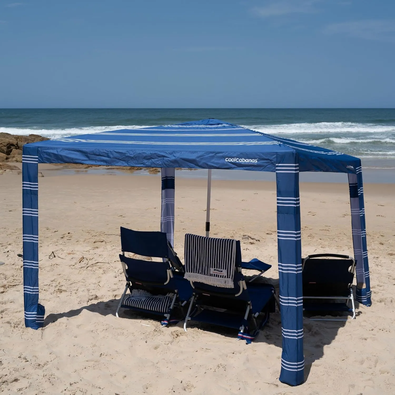 CoolCabana Beach Shade Tent - Easy Setup, UPF 50  Protection, Large & Medium Sizes, Compact & Wind Resistant - Beach Cabana for The Whole Family - Coronado Navy, Medium