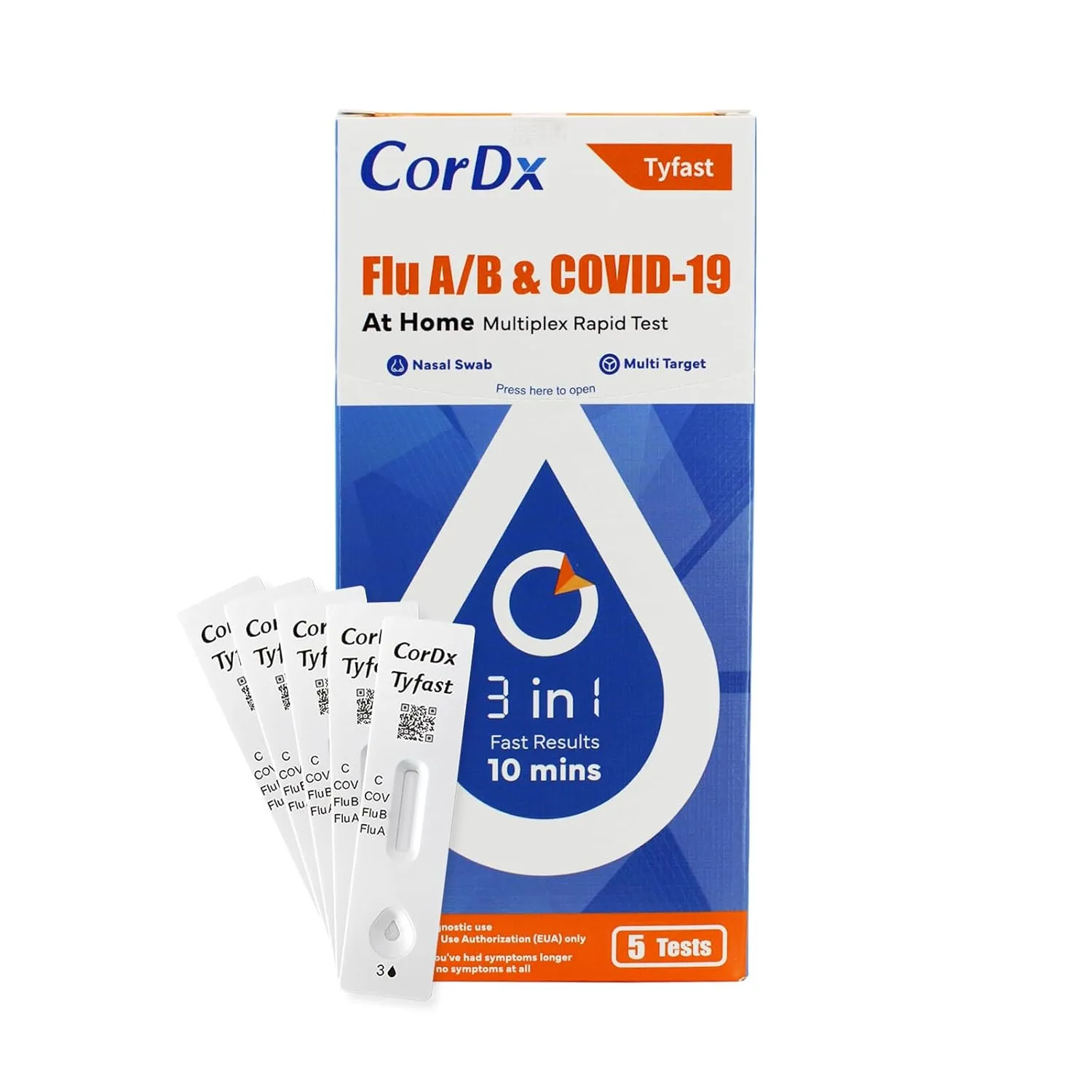 CorDx TyFast 10 Mins Flu A/B & Covid 19 Multiplex Rapid Test, Results in 10 Minutes—Precision Skip The 15 Wait, FDA Authorized, at Home 3 in 1 Combo Kit, 5 Tests, Use-Friendly & No Discomfort
