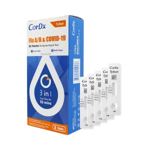 CorDx TyFast 10 Mins Flu A/B & Covid 19 Multiplex Rapid Test, Results in 10 Minutes—Precision Skip The 15 Wait, FDA Authorized, at Home 3 in 1 Combo Kit, 5 Tests, Use-Friendly & No Discomfort