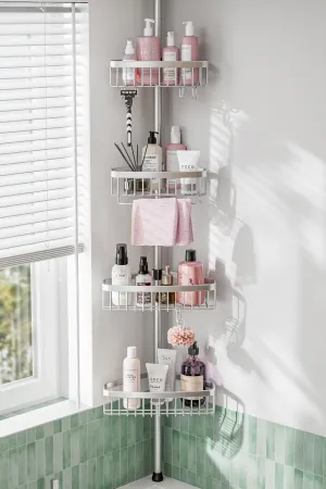 Corner Shower Caddy Tension Pole: Adjustable Rustproof 4-Tier Inside Bathroom Organizer - 47-121 inch Quick Installation Bathtub Shelves for Shampoo Storage - Rod Floor Standing Bath Rack