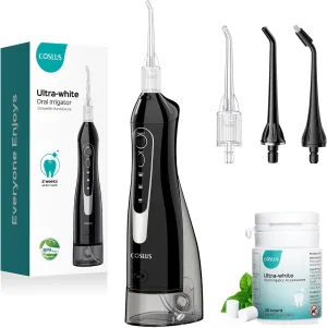 COSLUS Water Flosser Pick with 30pcs Whitening Mint Flavor Refill Combo for Teeth, Braces, Gums Care - Easy to Use, Portable for Coffee Lovers & Travel, Rechargeable, BPA-Free, Black, W40(F5020E)