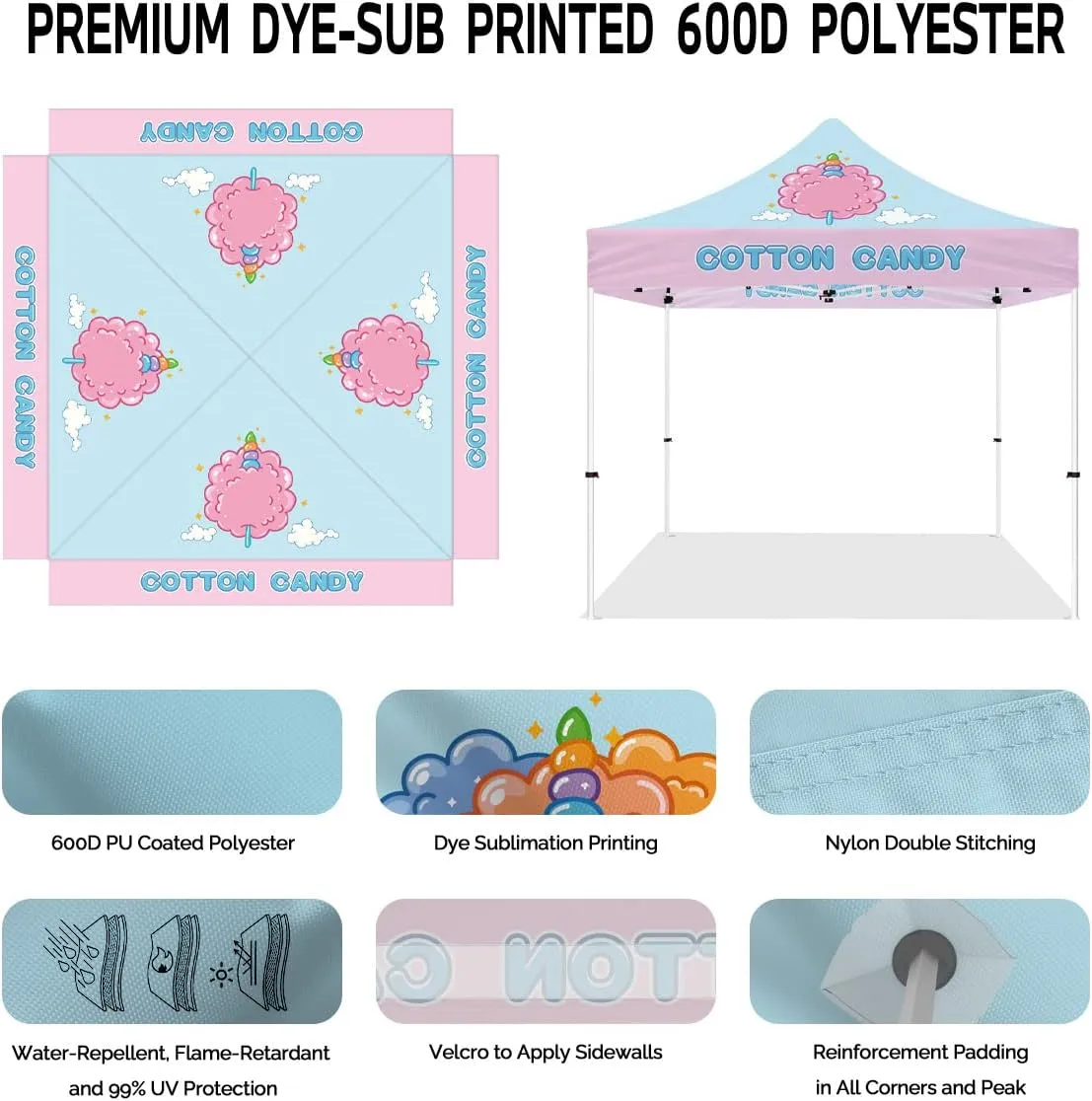 Cotton Candy Pop Up Canopy Tent, ABLEM8CANOPY 10x10 Outdoor Instant Canopy Heavy Duty Business Tent for Cotton Candy Vendor Booths with Roller Bag, Back Wall, Sidewalls and Rails