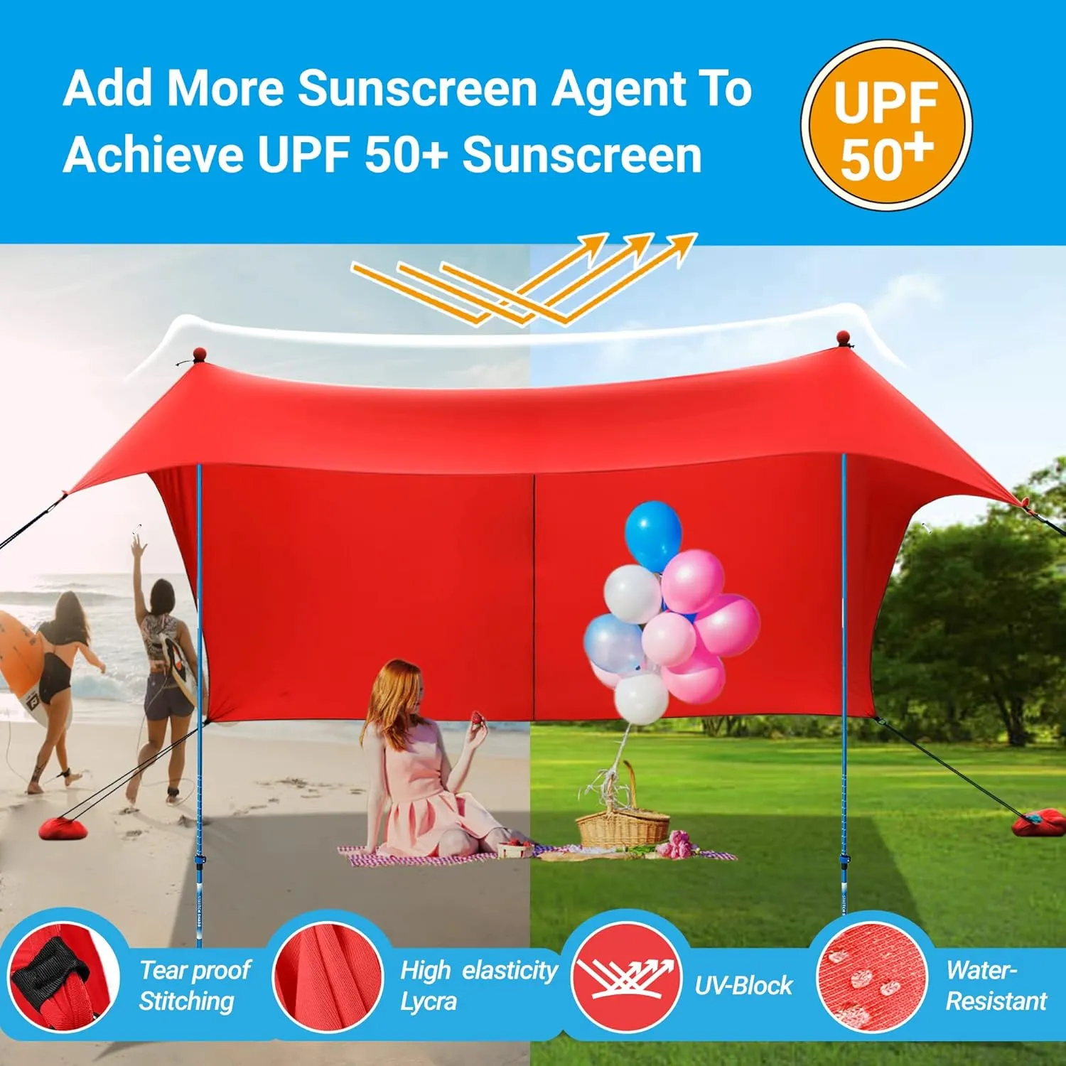 CROWN SHADES 10x10 Beach Tent Portable Pop Up Camping Sun Shelter UPF50  Outdoor Canopy for 2-4Persons with 7FT Adjustable Aluminium 4Poles Extra-Large Big Sand Shovel(10x10 with 4 Poles, Red)