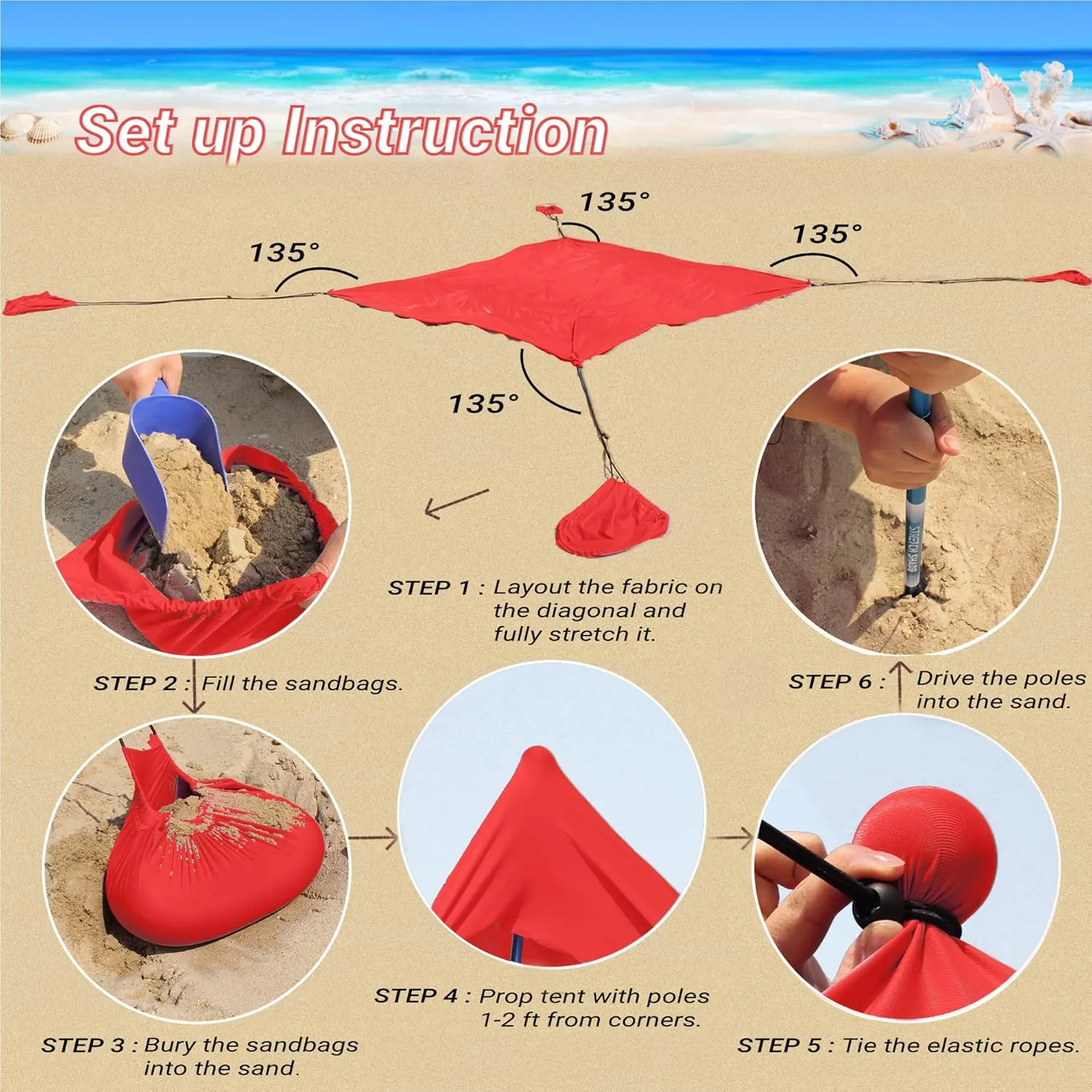 CROWN SHADES 10x10 Beach Tent Portable Pop Up Camping Sun Shelter UPF50  Outdoor Canopy for 2-4Persons with 7FT Adjustable Aluminium 4Poles Extra-Large Big Sand Shovel(10x10 with 4 Poles, Red)