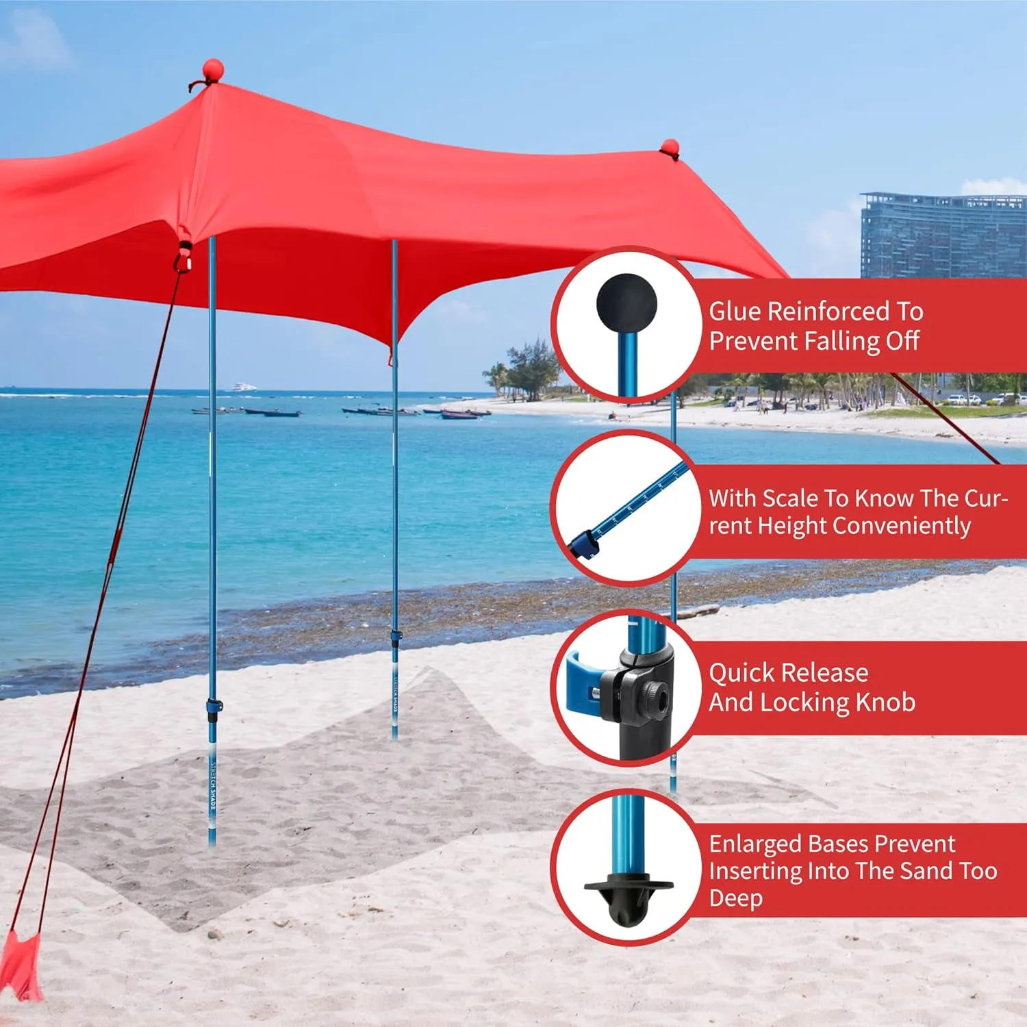 CROWN SHADES 10x10 Beach Tent Portable Pop Up Camping Sun Shelter UPF50  Outdoor Canopy for 2-4Persons with 7FT Adjustable Aluminium 4Poles Extra-Large Big Sand Shovel(10x10 with 4 Poles, Red)