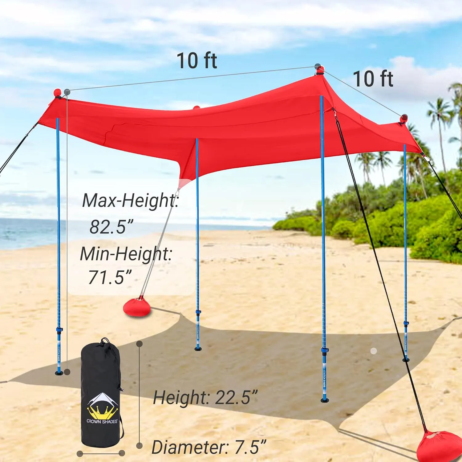 CROWN SHADES 10x10 Beach Tent Portable Pop Up Camping Sun Shelter UPF50  Outdoor Canopy for 2-4Persons with 7FT Adjustable Aluminium 4Poles Extra-Large Big Sand Shovel(10x10 with 4 Poles, Red)