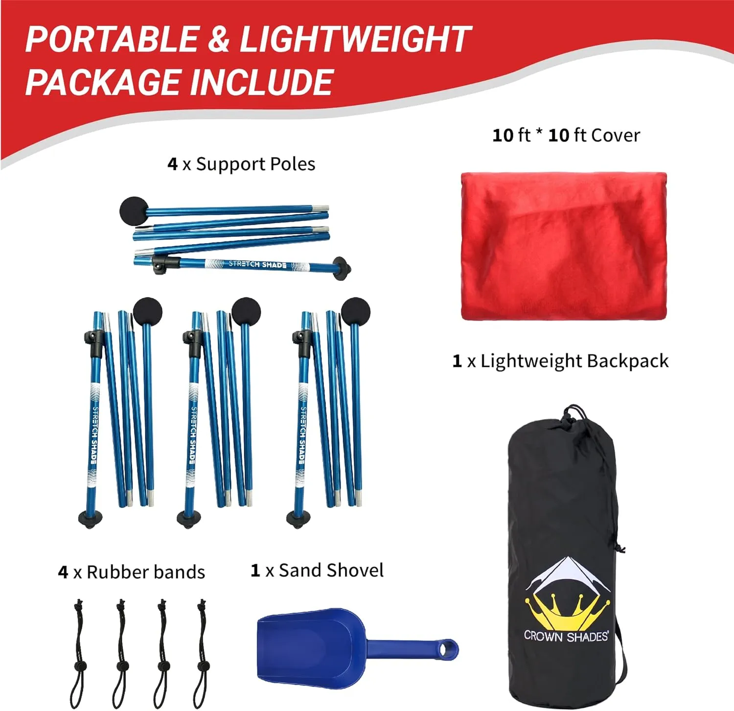 CROWN SHADES 10x10 Beach Tent Portable Pop Up Camping Sun Shelter UPF50  Outdoor Canopy for 2-4Persons with 7FT Adjustable Aluminium 4Poles Extra-Large Big Sand Shovel(10x10 with 4 Poles, Red)